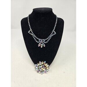 VINTAGE FASHION JEWELRY NECKLACE & BROOCH AB COATED RHINESTONE NAVETTE BLING